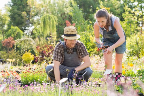 Gardener working on accessible raised beds in a park setting