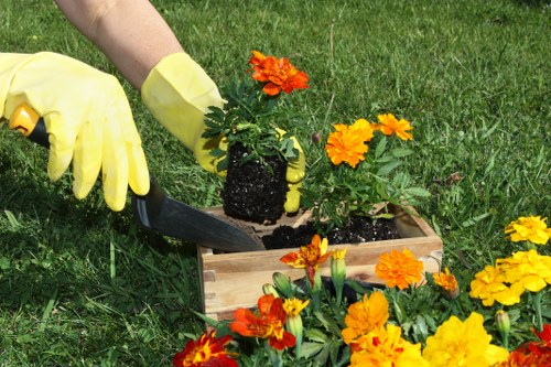 Worker using hand tools in a garden bed